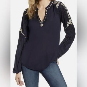 Lucky Brand Large Navy Blue Embroidered split neck High-Low Relaxed Fit Tunic